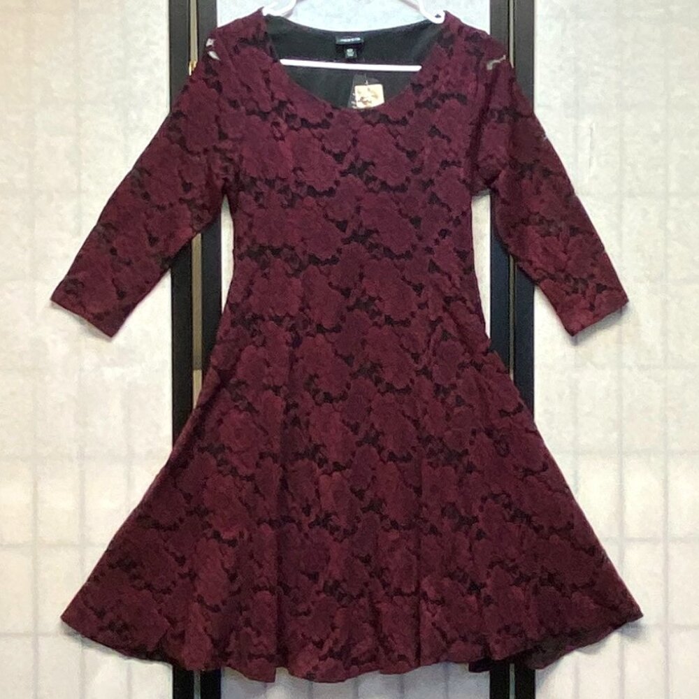 Torrid ¾ Sleeve Flocked Lace Scoop Neck Lined Princess Seam ALine Dress Burgundy